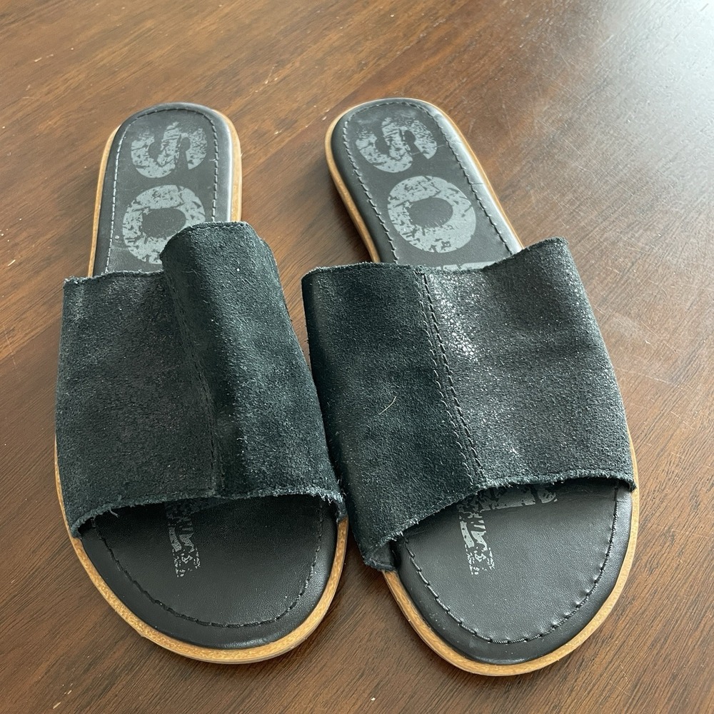 Sorel Ella‎ Women's Size 9.5 Leather Block Slides Sandals Metallic Black Resort